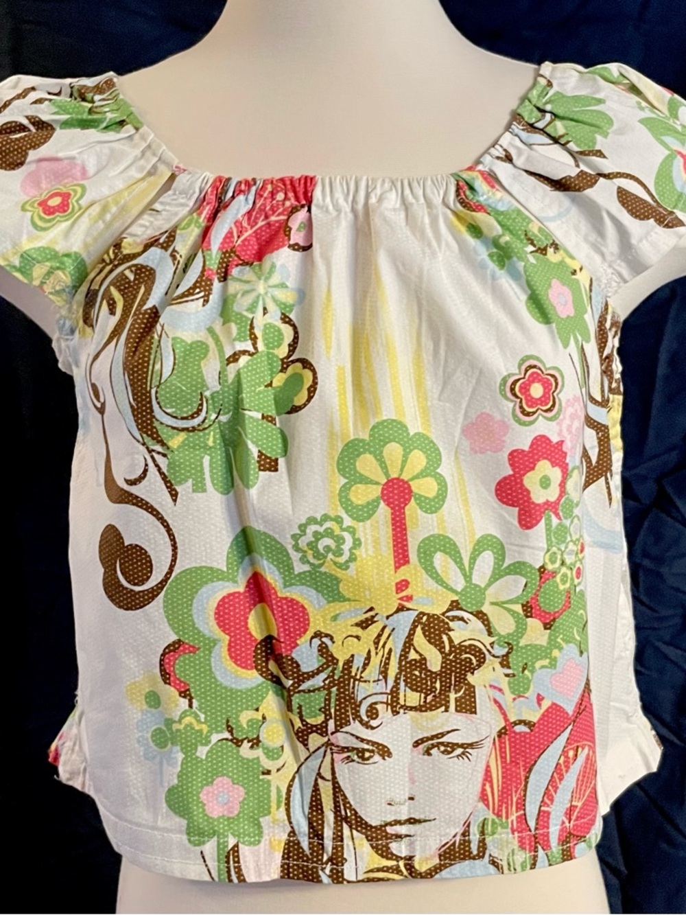 Women's Floral Graphic Short Sleeve Tee - White with Green & Pink